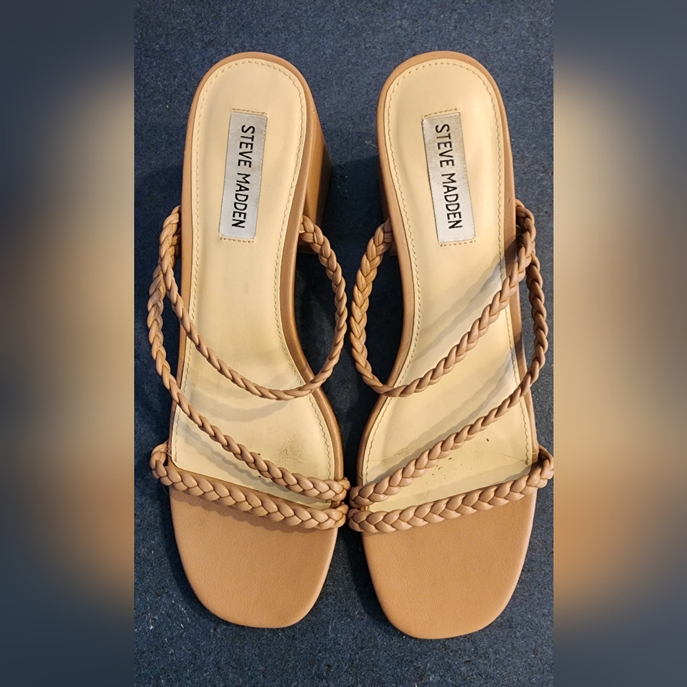 Steve Madden Braided Strap Square-Toe Heeled Sandals in Tan
